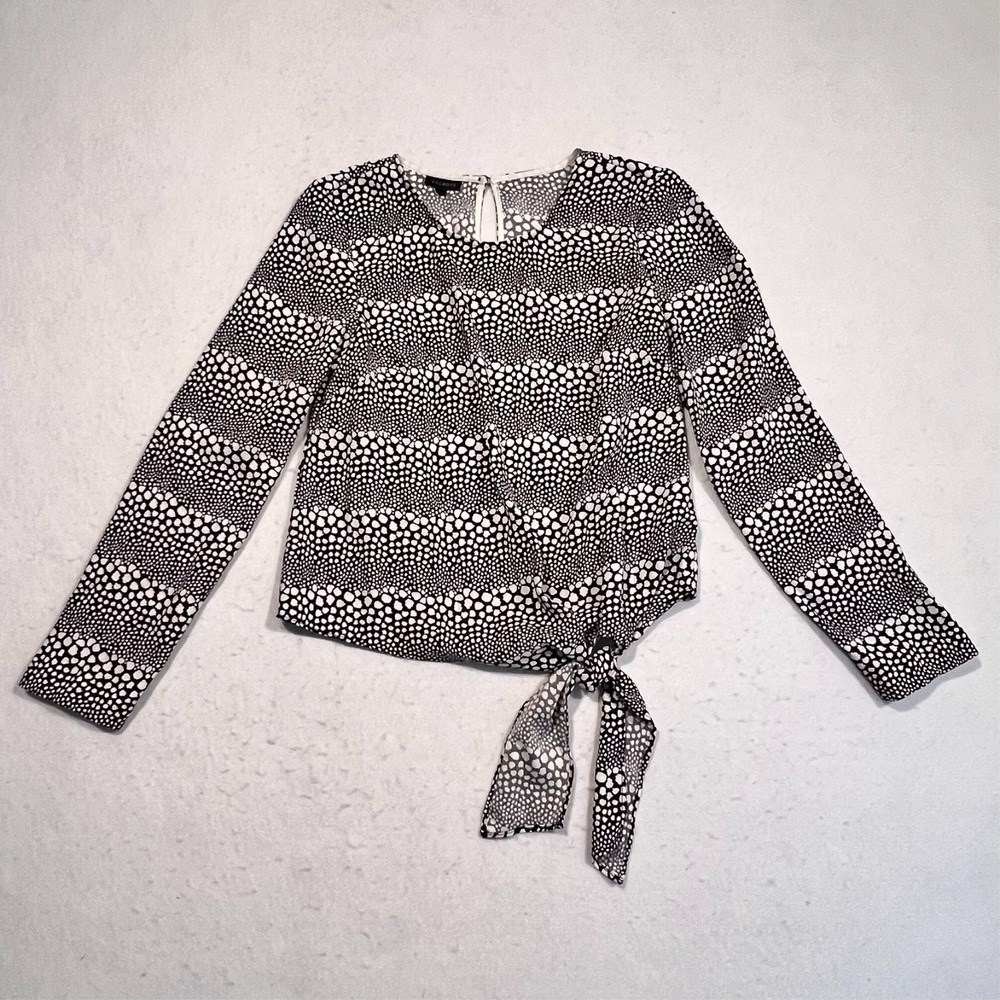 Talbots Top Blouse Tie Front Long Sleeve Pebble Print Black White Women's XS